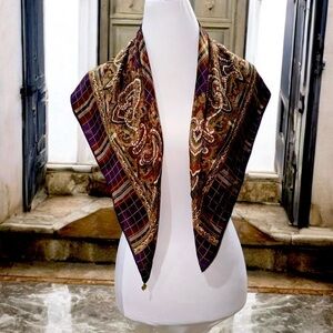 Vintage Honey Silk scarf purple green cream brown 31” x 31” square